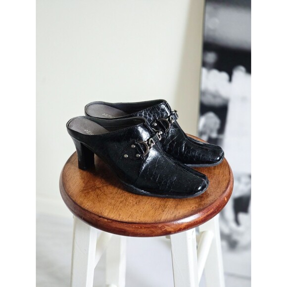Aerosoles Shoes - Aerosoles Black Reptile Patent Leather Pointed Toe Slip On Heel Mule 8